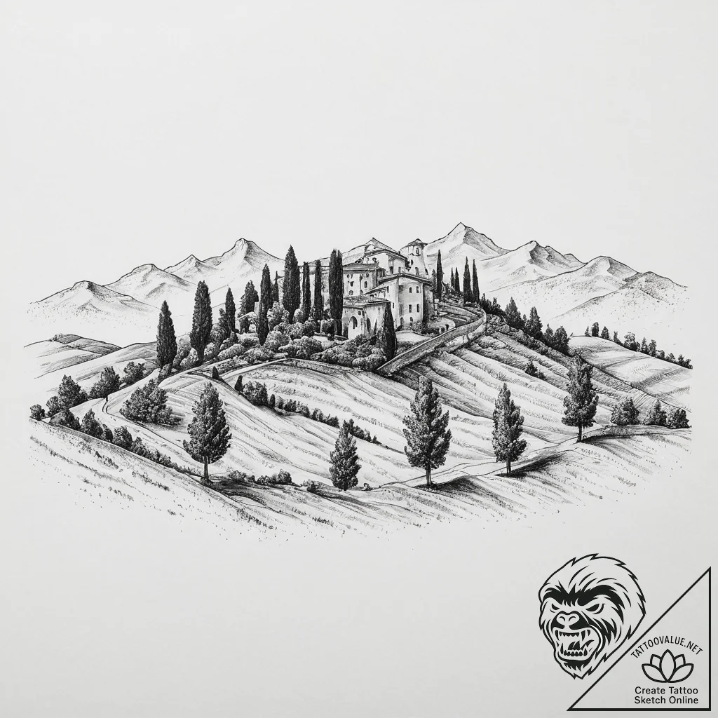A wide shot of the rolling, green hills of tu... - tattoo sketch (№1754055542_0, 01.08.2025 13:39) — tattoovalue.net