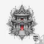 An ancient temple with neon holographic glyph… – tattoo sketch (№1754056756_0, 01.08.2025 13:59) — tattoovalue.net