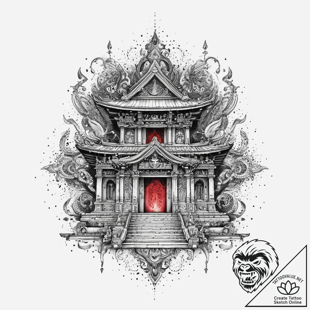 An ancient temple with neon holographic glyph... - tattoo sketch (№1754056756_0, 01.08.2025 13:59) — tattoovalue.net