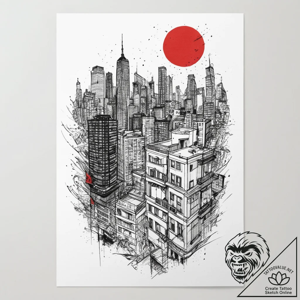 The view from a high-rise apartment balcony o... - tattoo sketch (№1754057174_0, 01.08.2025 14:06) — tattoovalue.net