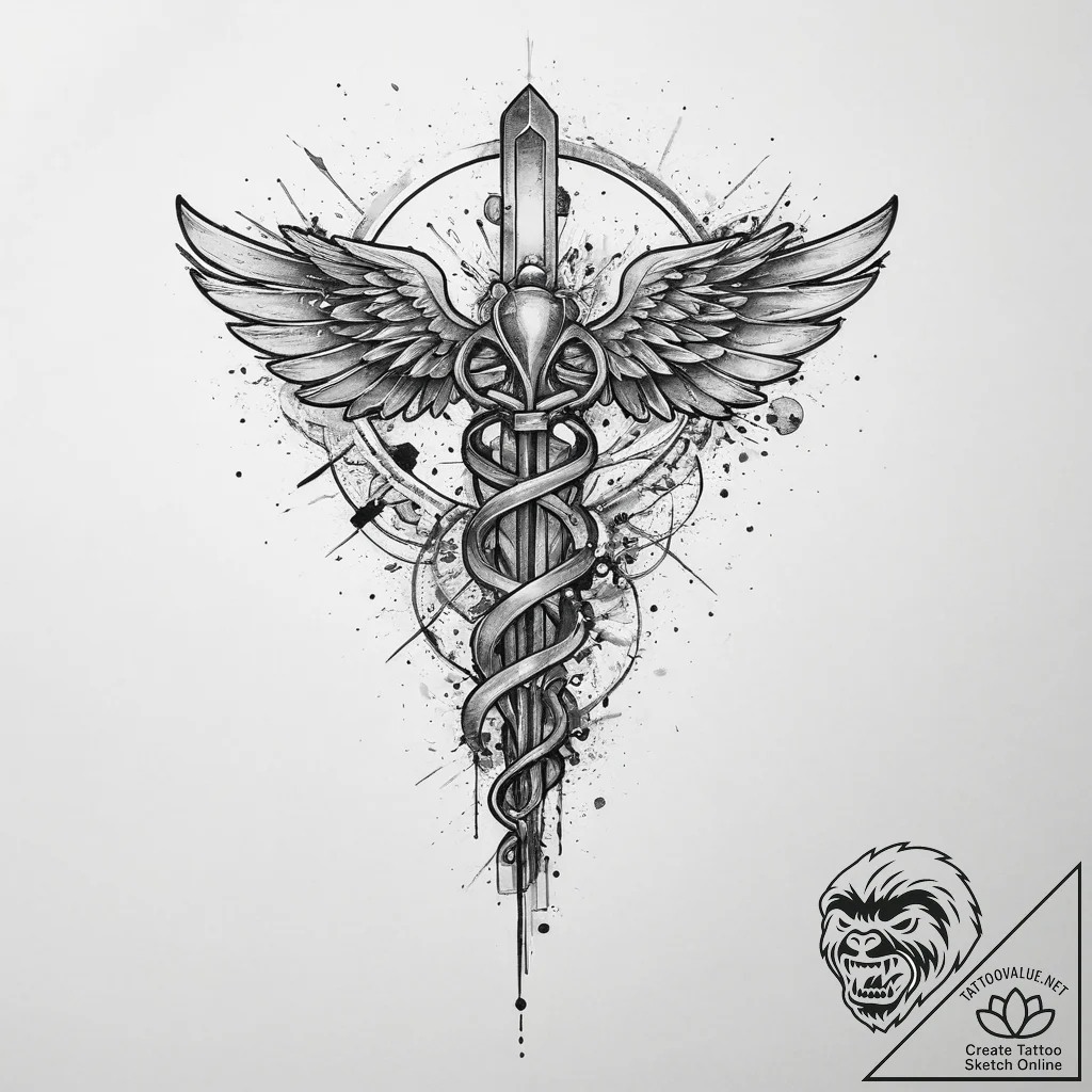 Caduceus, tattoo drawing outline, fine lines,... - tattoo sketch (№1754057992_0, 01.08.2025 14:19) — tattoovalue.net
