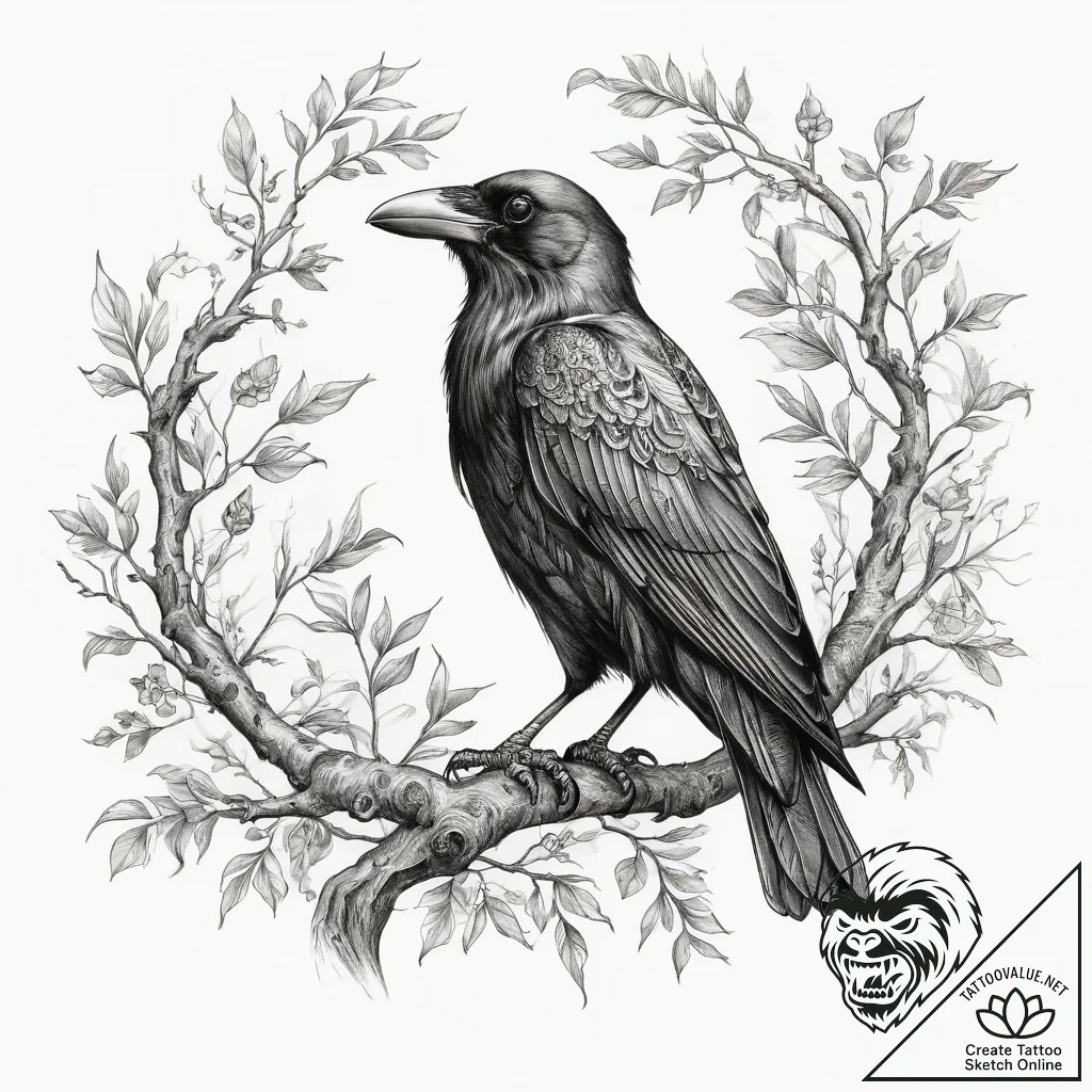 Tattoo sketch a raven or crow perched on a gn... - tattoo sketch (№1754060243_0, 01.08.2025 14:57) — tattoovalue.net