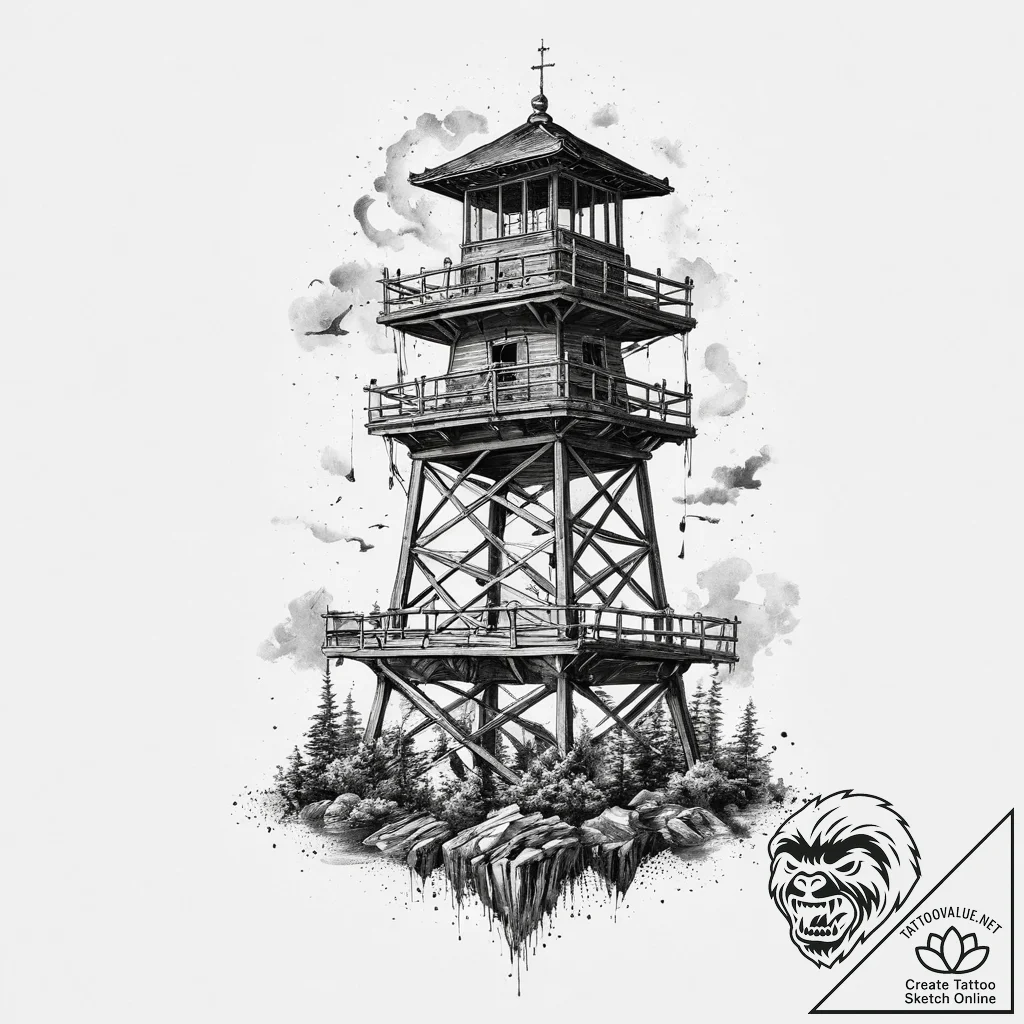 Tattoo sketch a stylized watchtower standing... - tattoo sketch (№1754061249_0, 01.08.2025 15:14) — tattoovalue.net