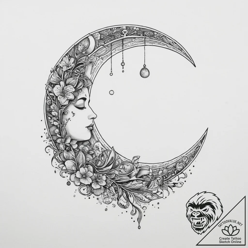 Moon, ink illustration for tattoo, dotwork sh... - tattoo sketch (№1754063069_0, 01.08.2025 15:44) — tattoovalue.net