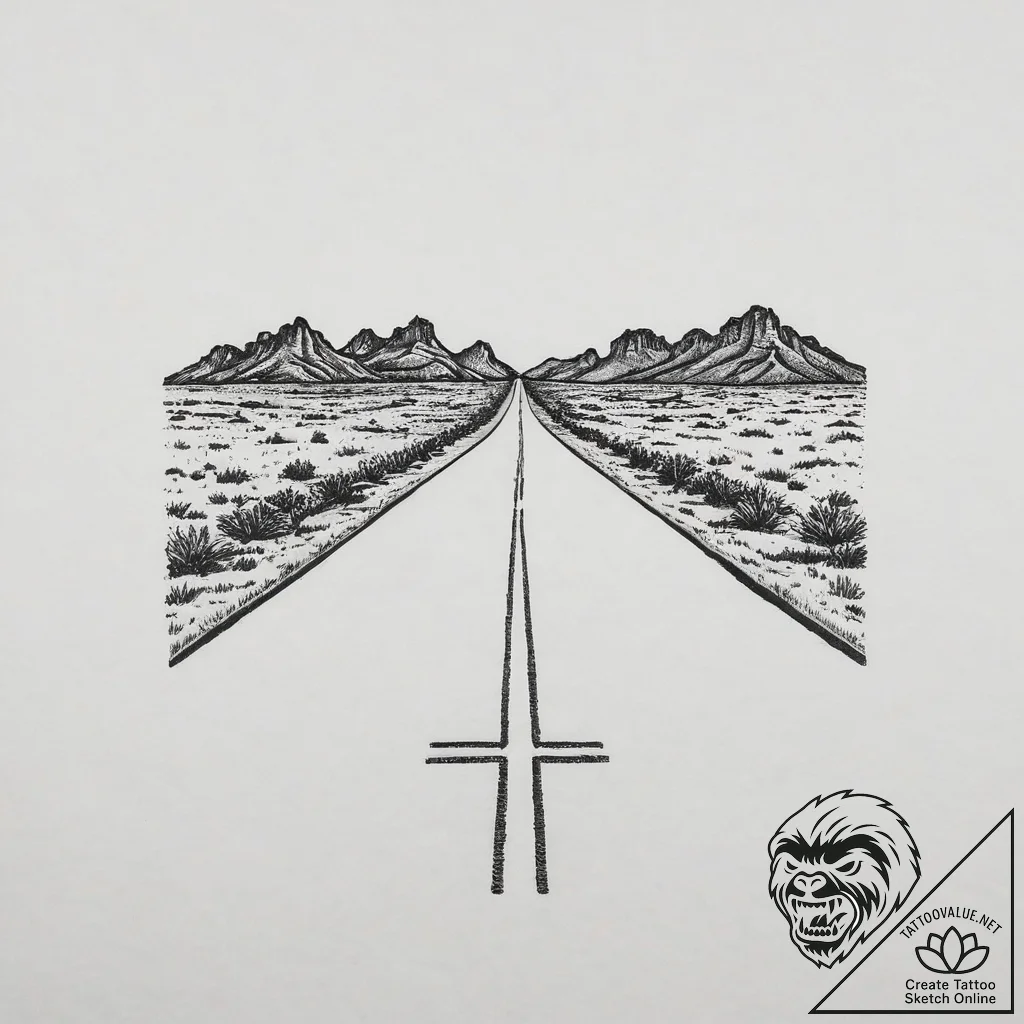 A shot of a long, straight, empty road in the... - tattoo sketch (№1754064934_0, 01.08.2025 16:15) — tattoovalue.net