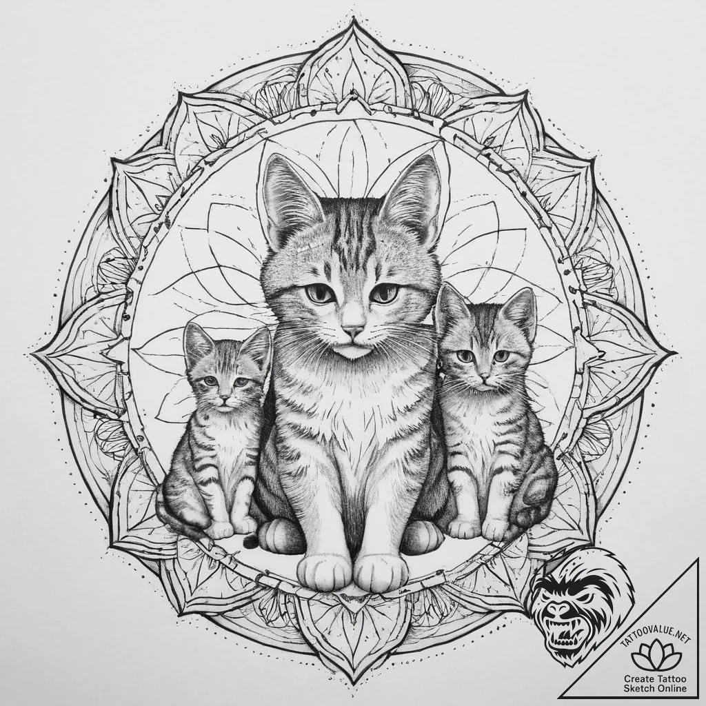 Tattoo design a mother cat with her kittens,... - tattoo sketch (№1754068003_0, 01.08.2025 17:06) — tattoovalue.net