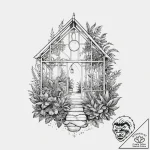 The interior of a greenhouse, humid and fille… – tattoo sketch (№1754068206_0, 01.08.2025 17:10) — tattoovalue.net