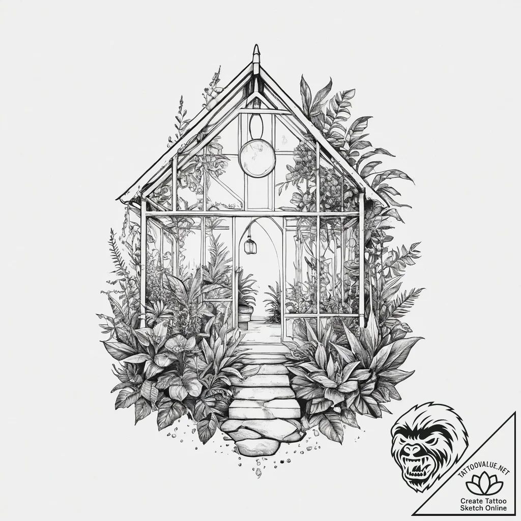 The interior of a greenhouse, humid and fille... - tattoo sketch (№1754068206_0, 01.08.2025 17:10) — tattoovalue.net