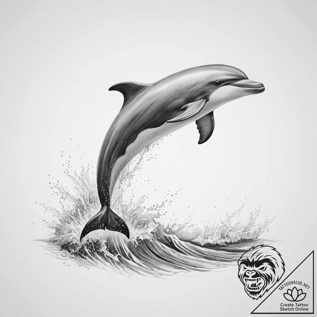 A playful dolphin leaping out of the ocean wa... - tattoo sketch (№1754069630_0, 01.08.2025 17:33) — tattoovalue.net