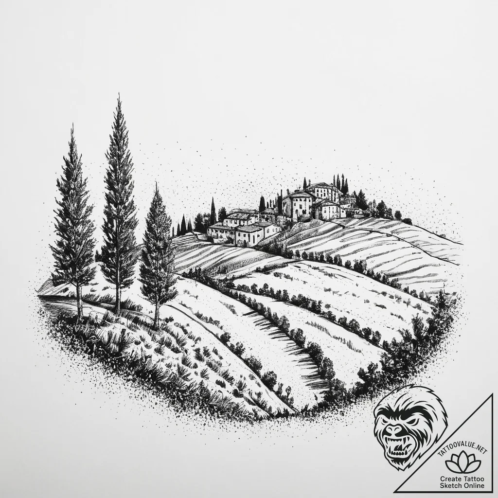 A wide shot of the rolling, green hills of tu... - tattoo sketch (№1754070642_0, 01.08.2025 17:50) — tattoovalue.net