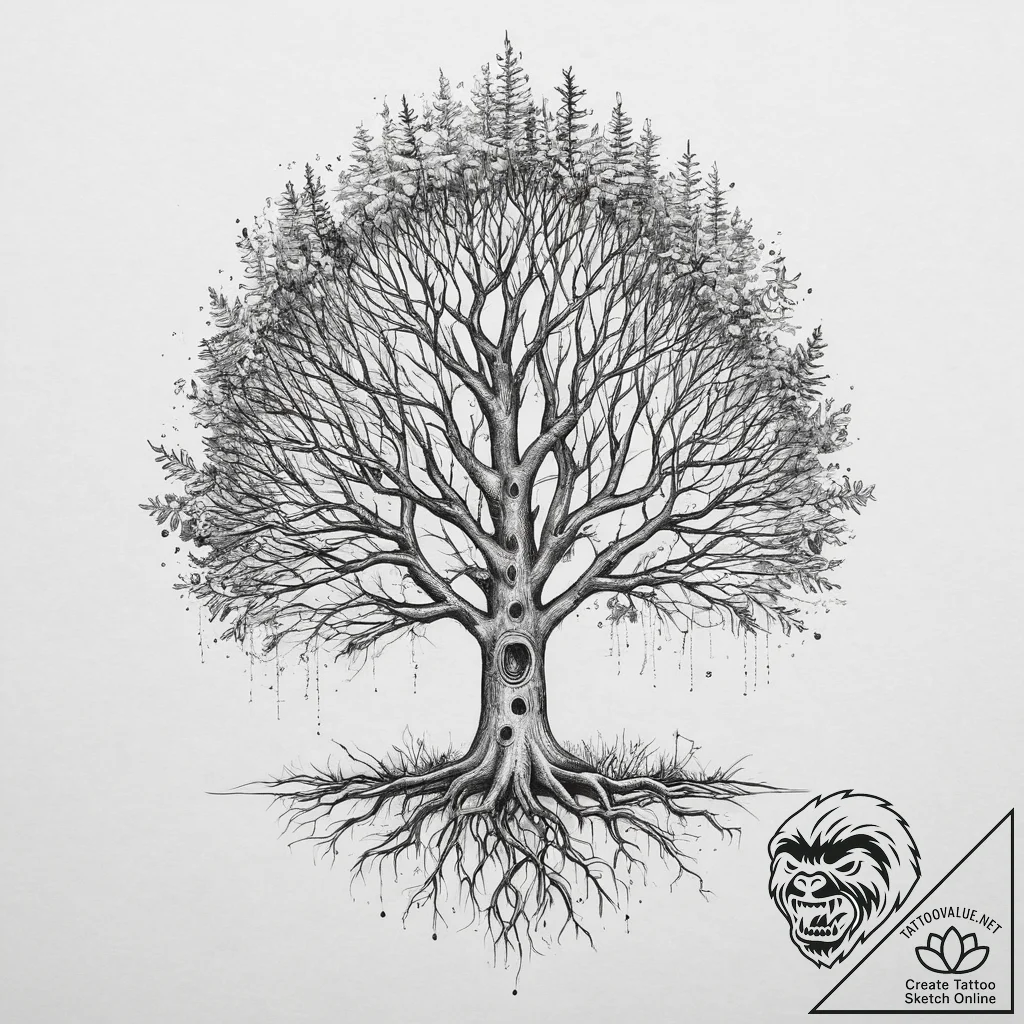 Tattoo design a forest of varied trees, each... - tattoo sketch (№1754071260_0, 01.08.2025 18:01) — tattoovalue.net