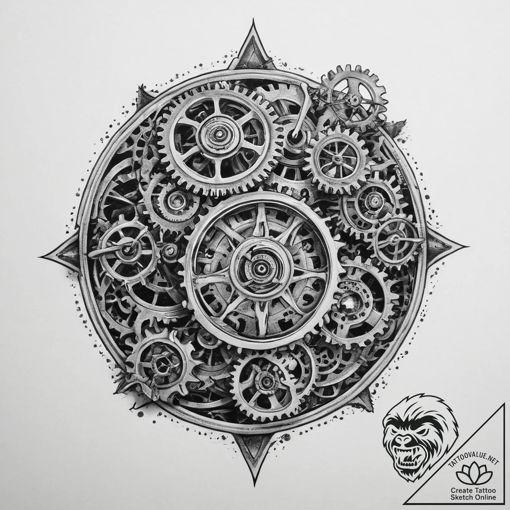 A close-up of a vintage watch movement, gears... - tattoo sketch (№1754072689_0, 01.08.2025 18:24) — tattoovalue.net