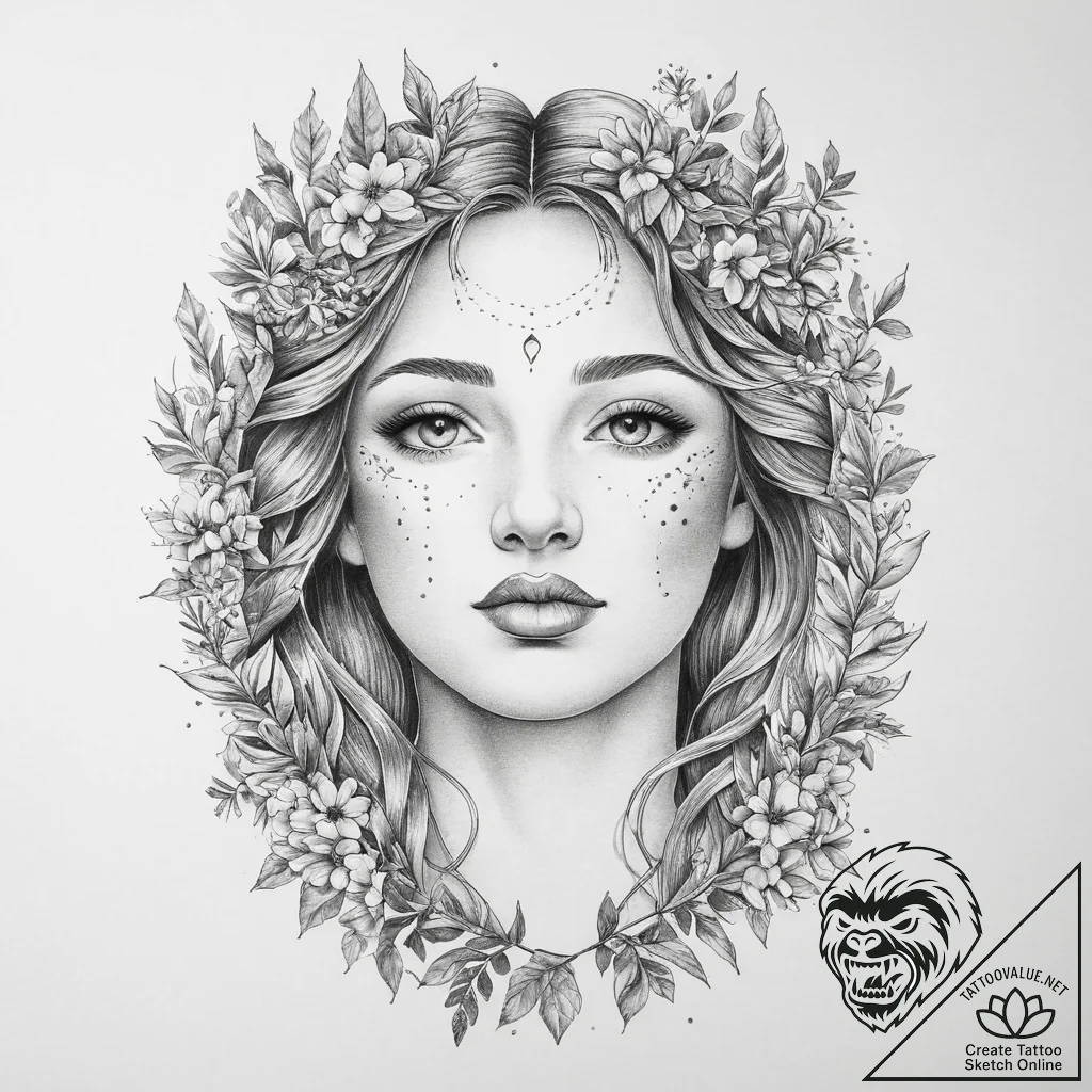 A serene tattoo sketch of the goddess lada, h... - tattoo sketch (№1754075551_0, 01.08.2025 19:12) — tattoovalue.net