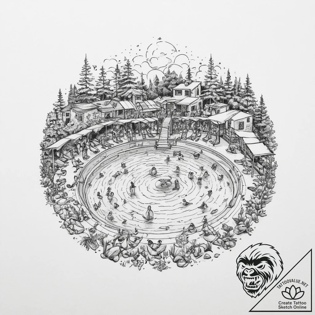 A shot of a crowded public swimming pool on a... - tattoo sketch (№1754076759_0, 01.08.2025 19:32) — tattoovalue.net