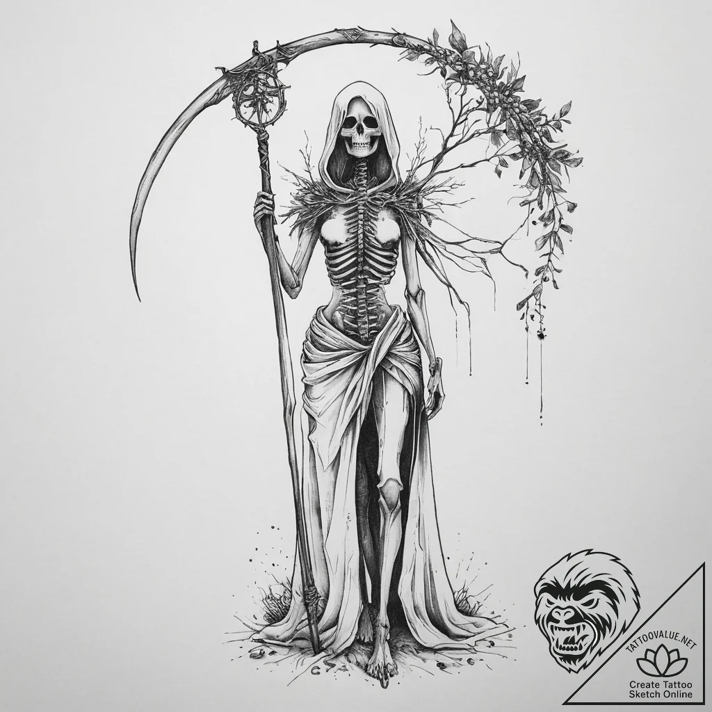 Tattoo sketch: marzanna depicted as a skeleta... - tattoo sketch (№1754077158_0, 01.08.2025 19:39) — tattoovalue.net