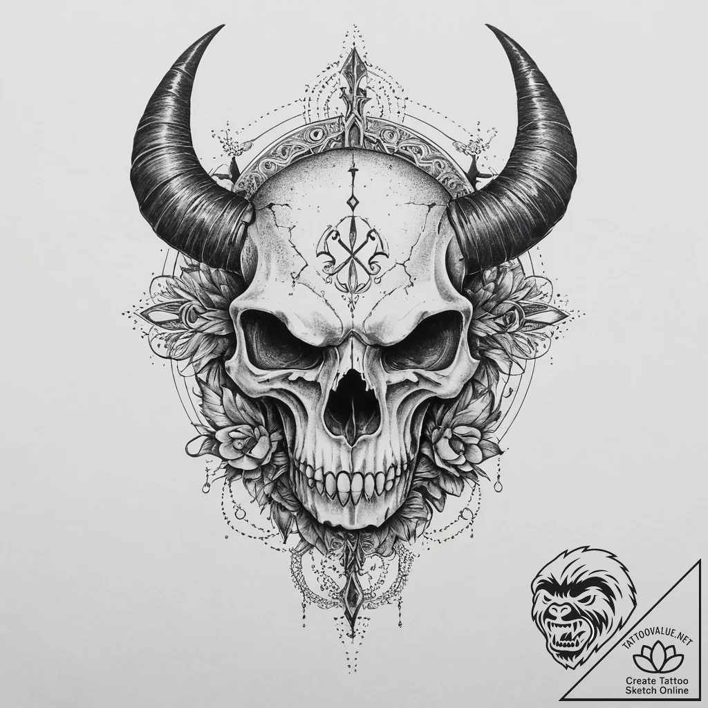 Tattoo design a zodiac animal skull in heavy... - tattoo sketch (№1754078974_0, 01.08.2025 20:09) — tattoovalue.net