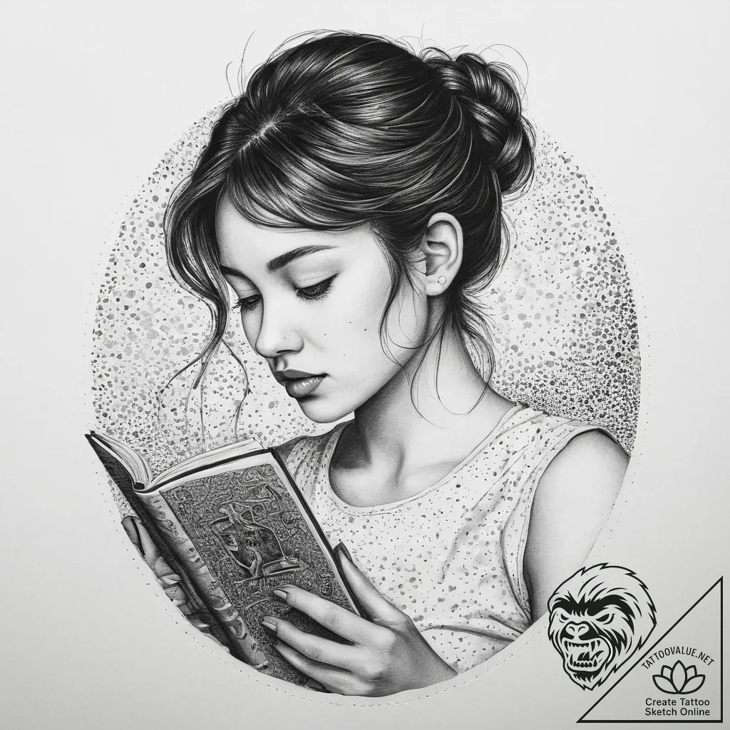 A young woman reading a book on a crowded tok... - tattoo sketch (№1754079790_0, 01.08.2025 20:23) — tattoovalue.net