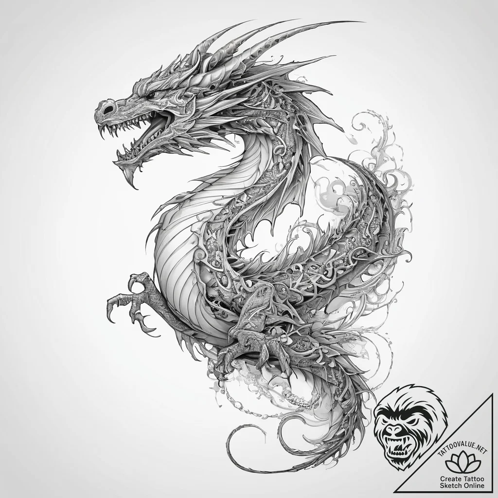Fractal dragon - tattoo sketch (№1754080603_0, 01.08.2025 20:36) — tattoovalue.net