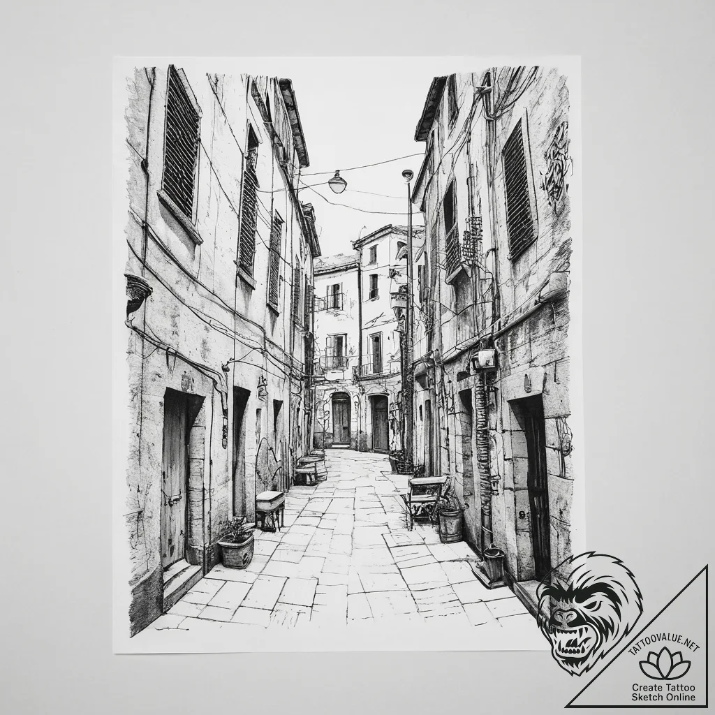 A quiet, forgotten alleyway in naples, italy,... - tattoo sketch (№1754081002_0, 01.08.2025 20:43) — tattoovalue.net