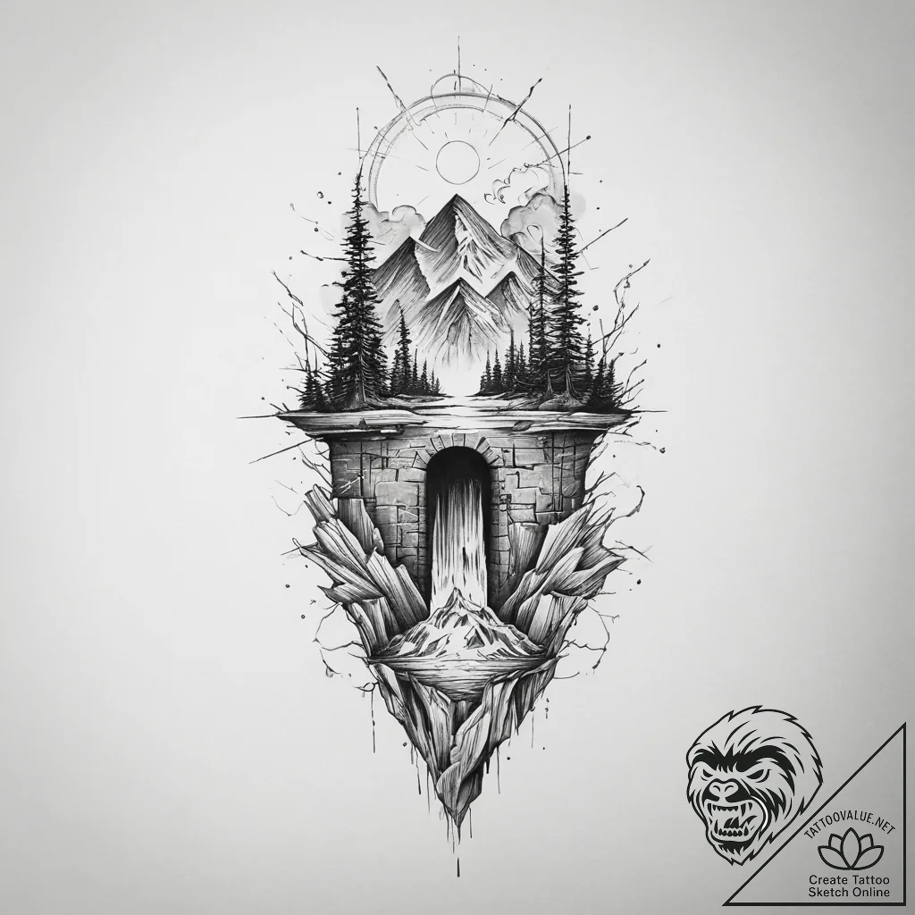 Tattoo design a powerful dam, holding back im... - tattoo sketch (№1754081802_0, 01.08.2025 20:56) — tattoovalue.net