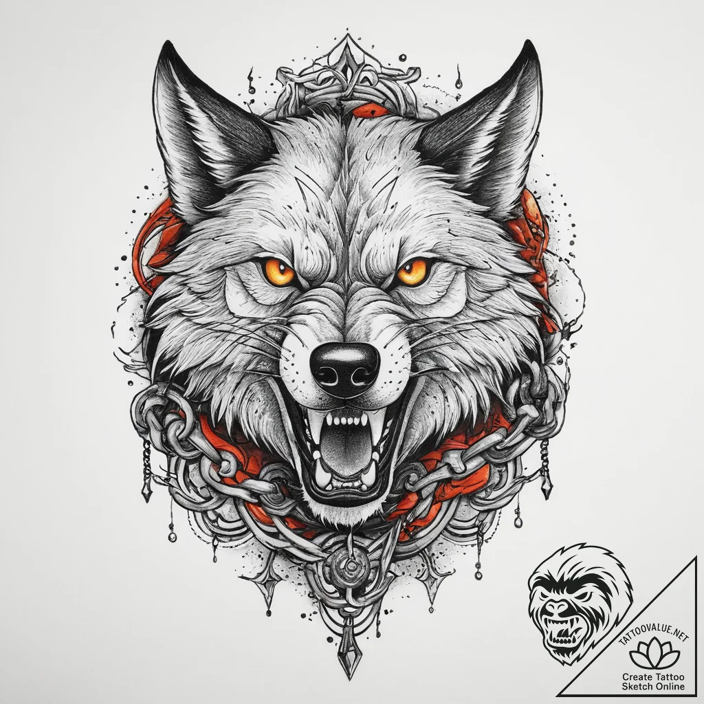 Fenrir breaking his chains, tattoo drawing ou... - tattoo sketch (№1754083397_0, 01.08.2025 21:23) — tattoovalue.net