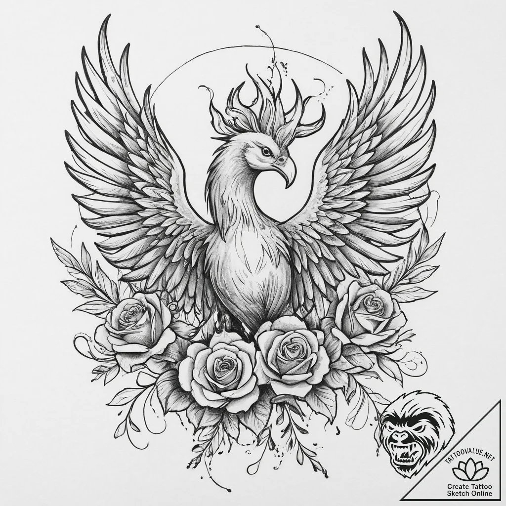 Tattoo sketch a phoenix rising in powerful, f... - tattoo sketch (№1754084203_0, 01.08.2025 21:36) — tattoovalue.net