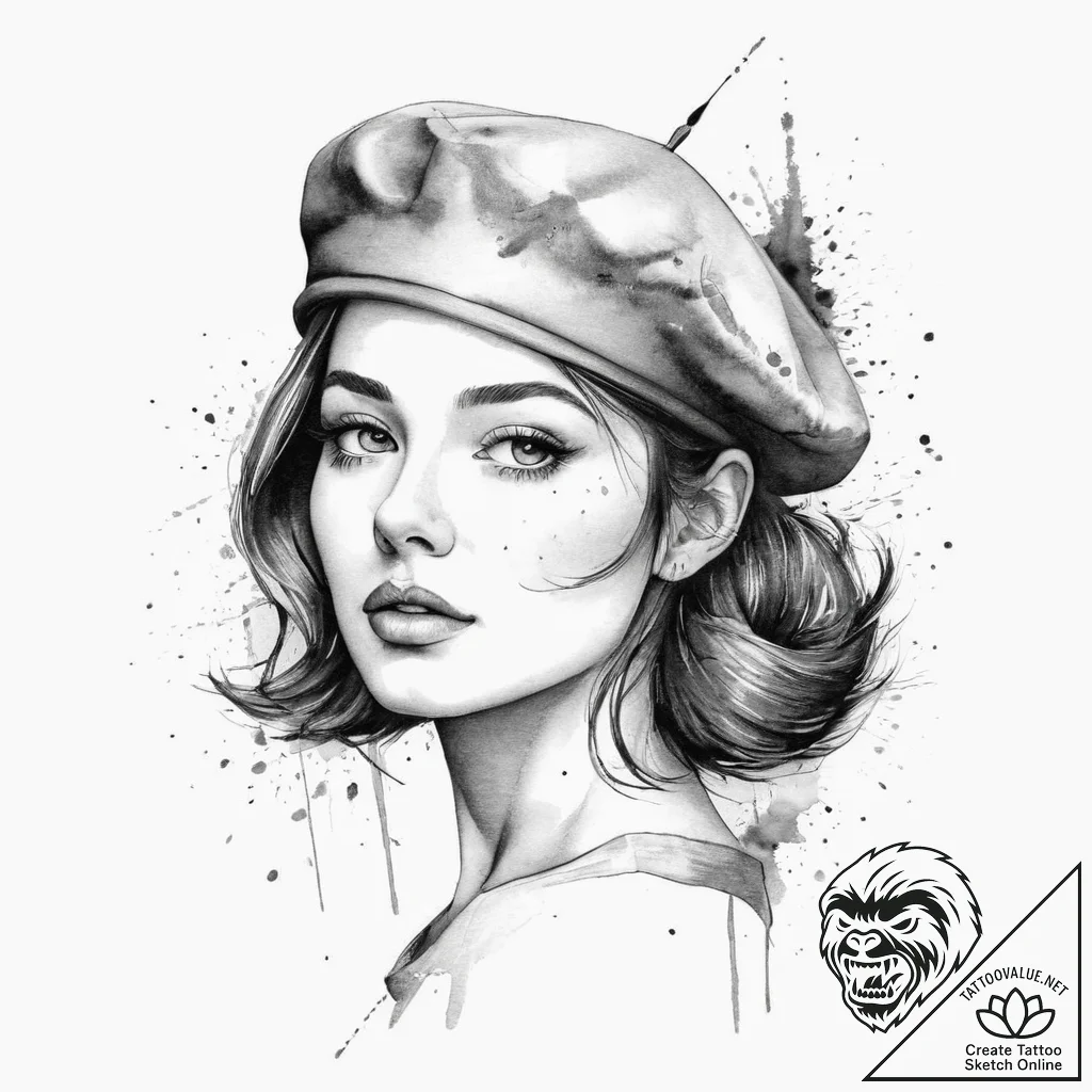 Beret, ink illustration for tattoo, on a clea... - tattoo sketch (№1754086822_0, 01.08.2025 22:20) — tattoovalue.net