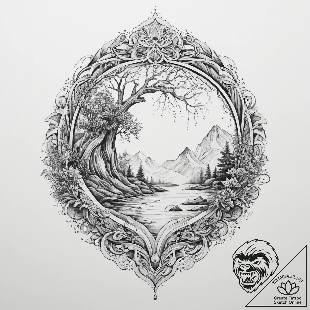 Tattoo sketch: a lunitsa integrated with flow... - tattoo sketch (№1754087430_0, 01.08.2025 22:30) — tattoovalue.net