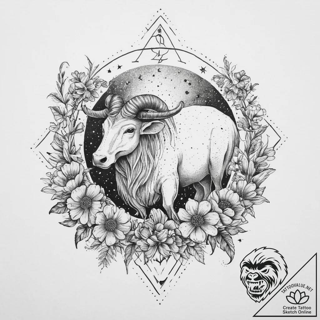 Tattoo sketch a zodiac animal resting among a... - tattoo sketch (№1754091887_0, 01.08.2025 23:44) — tattoovalue.net