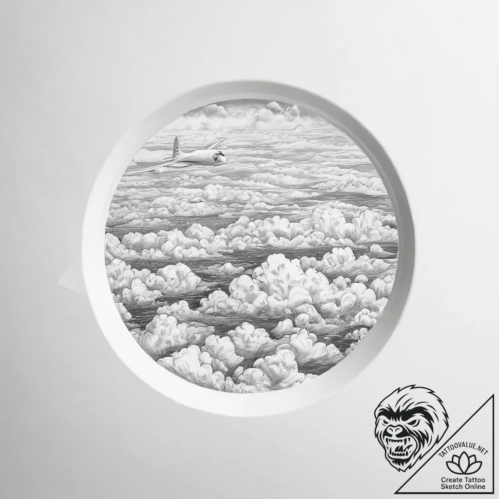 A view from a window seat of an airplane, loo... - tattoo sketch (№1754093298_0, 02.08.2025 00:08) — tattoovalue.net