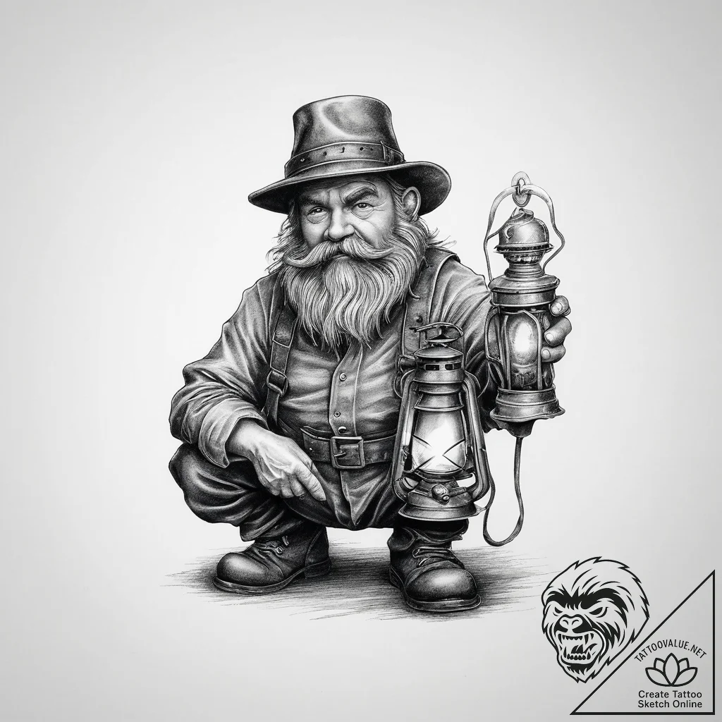 Dwarf miner with a lantern, artistic tattoo s... - tattoo sketch (№1754094920_0, 02.08.2025 00:35) — tattoovalue.net