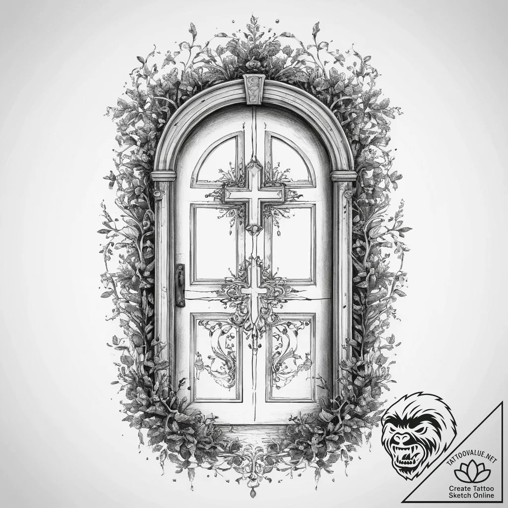 An open door in the middle of a forest leadin... - tattoo sketch (№1754095319_0, 02.08.2025 00:41) — tattoovalue.net