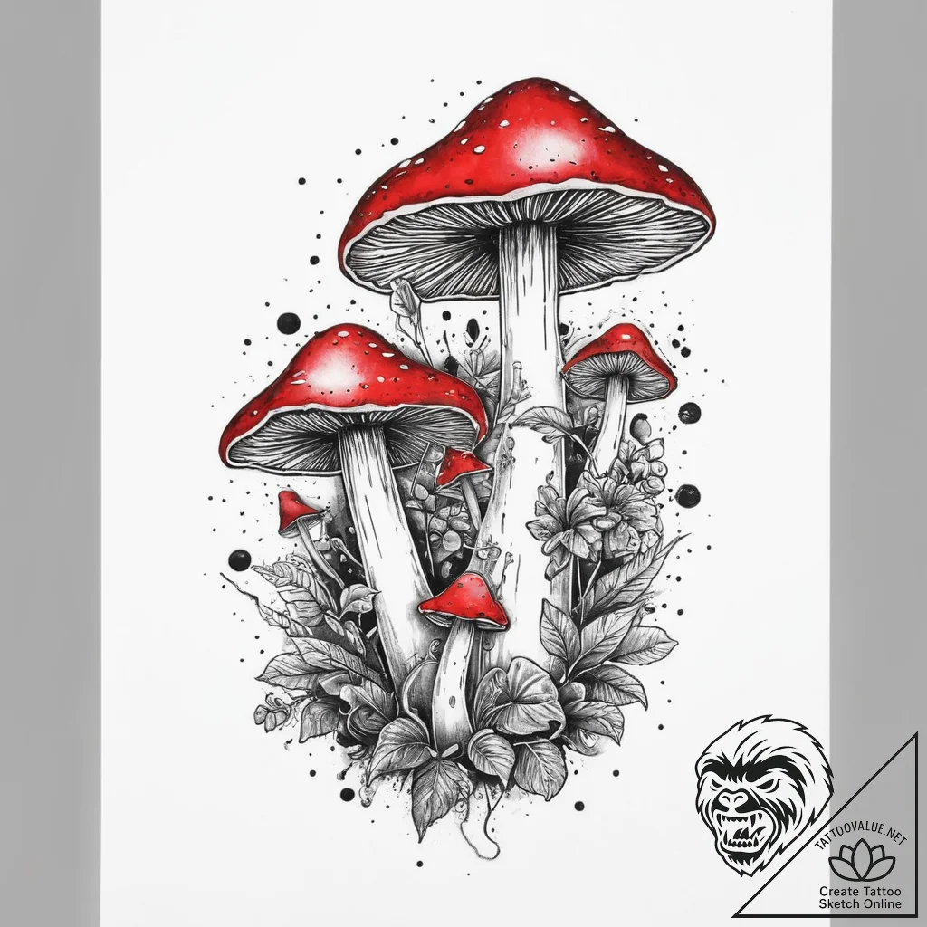 Mushrooms, tattoo drawing outline, soft whip... - tattoo sketch (№1754095720_0, 02.08.2025 00:48) — tattoovalue.net