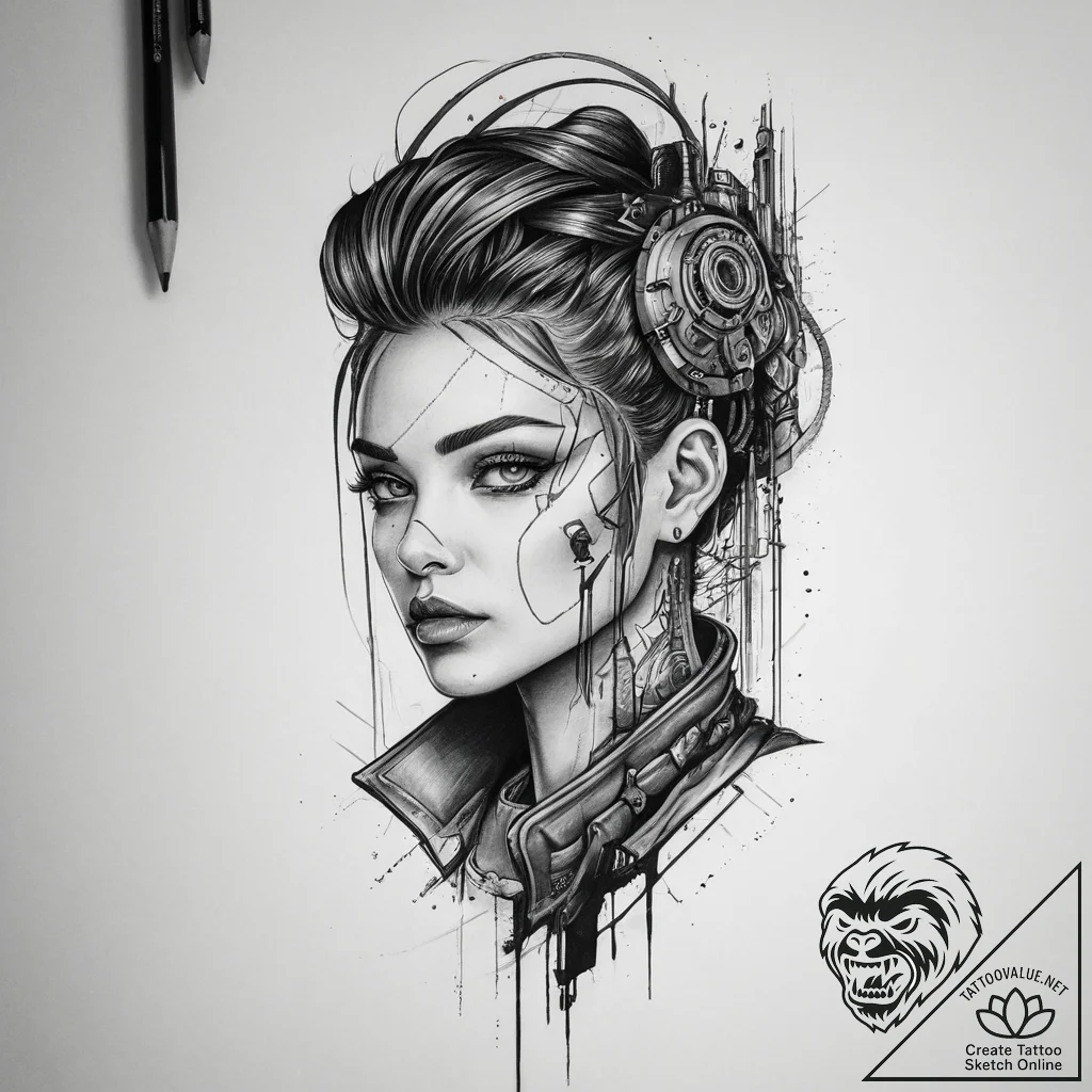 Cyberpunk, tattoo sketch design, realistic bl... - tattoo sketch (№1754096522_0, 02.08.2025 01:02) — tattoovalue.net