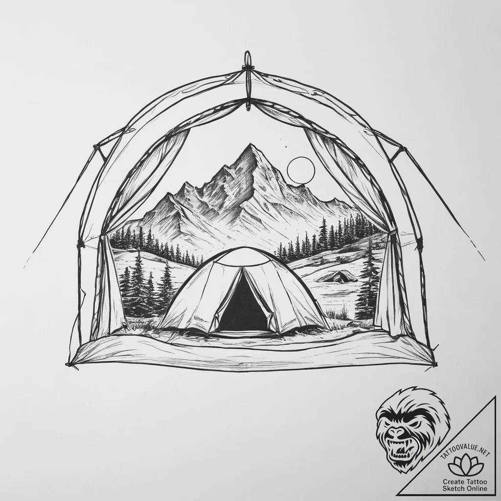 The view from inside a tent, looking out at a... - tattoo sketch (№1754098338_0, 02.08.2025 01:32) — tattoovalue.net