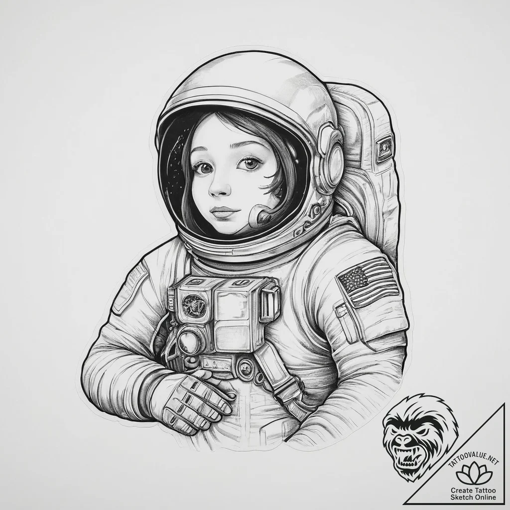 Astronaut, tattoo line art, on a clean white... - tattoo sketch (№1754098937_0, 02.08.2025 01:42) — tattoovalue.net