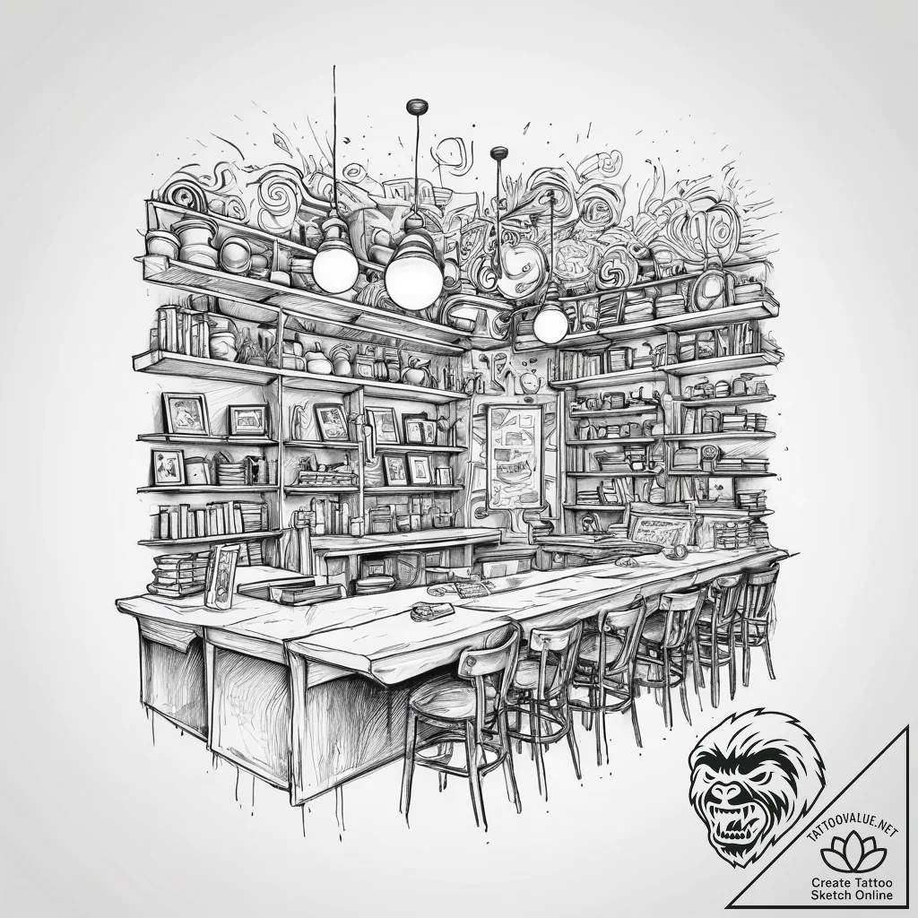 A shot of a crowded bookstore cafe., tattoo l... - tattoo sketch (№1754099549_0, 02.08.2025 01:52) — tattoovalue.net