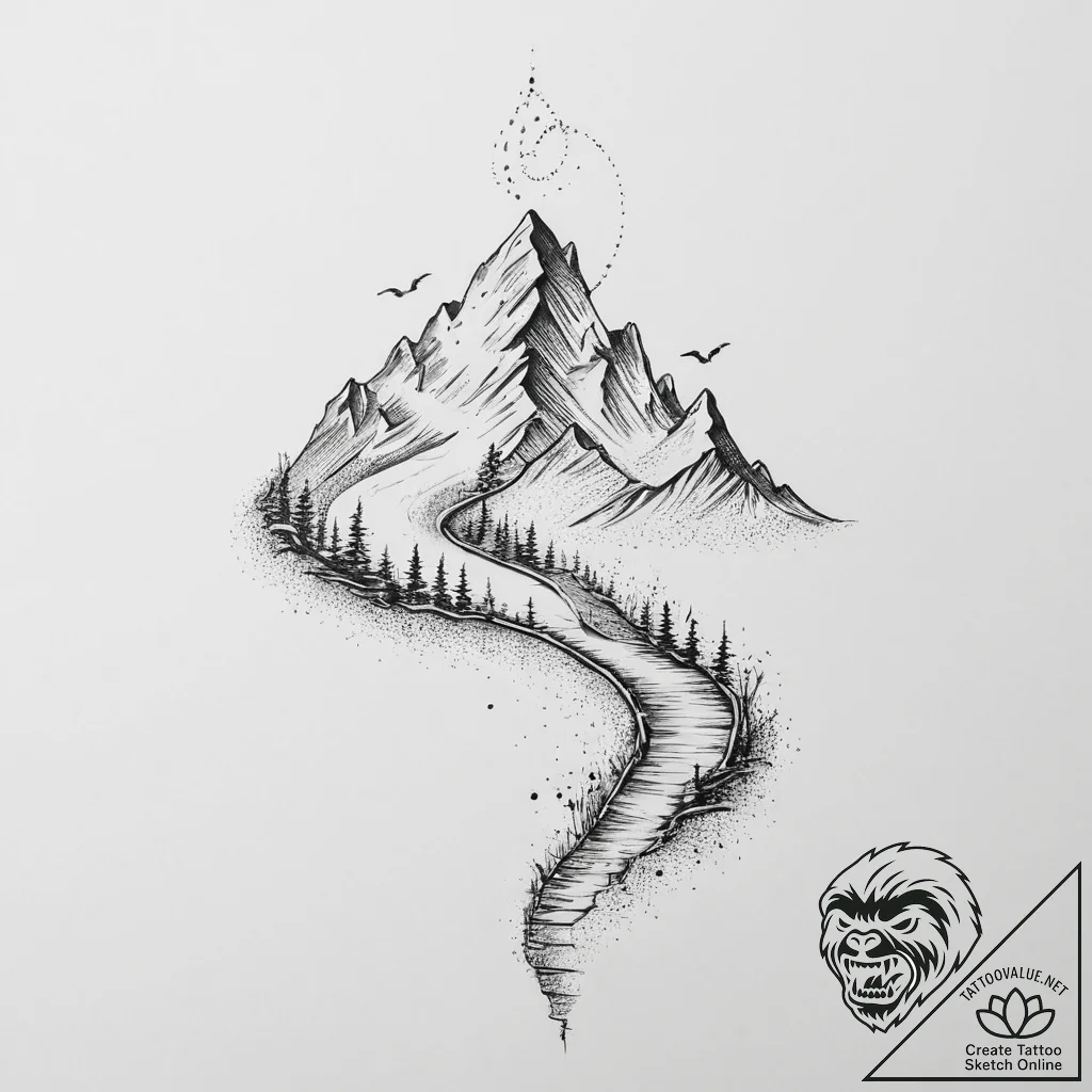 Tattoo sketch a path winding upwards towards... - tattoo sketch (№1754099966_0, 02.08.2025 01:59) — tattoovalue.net
