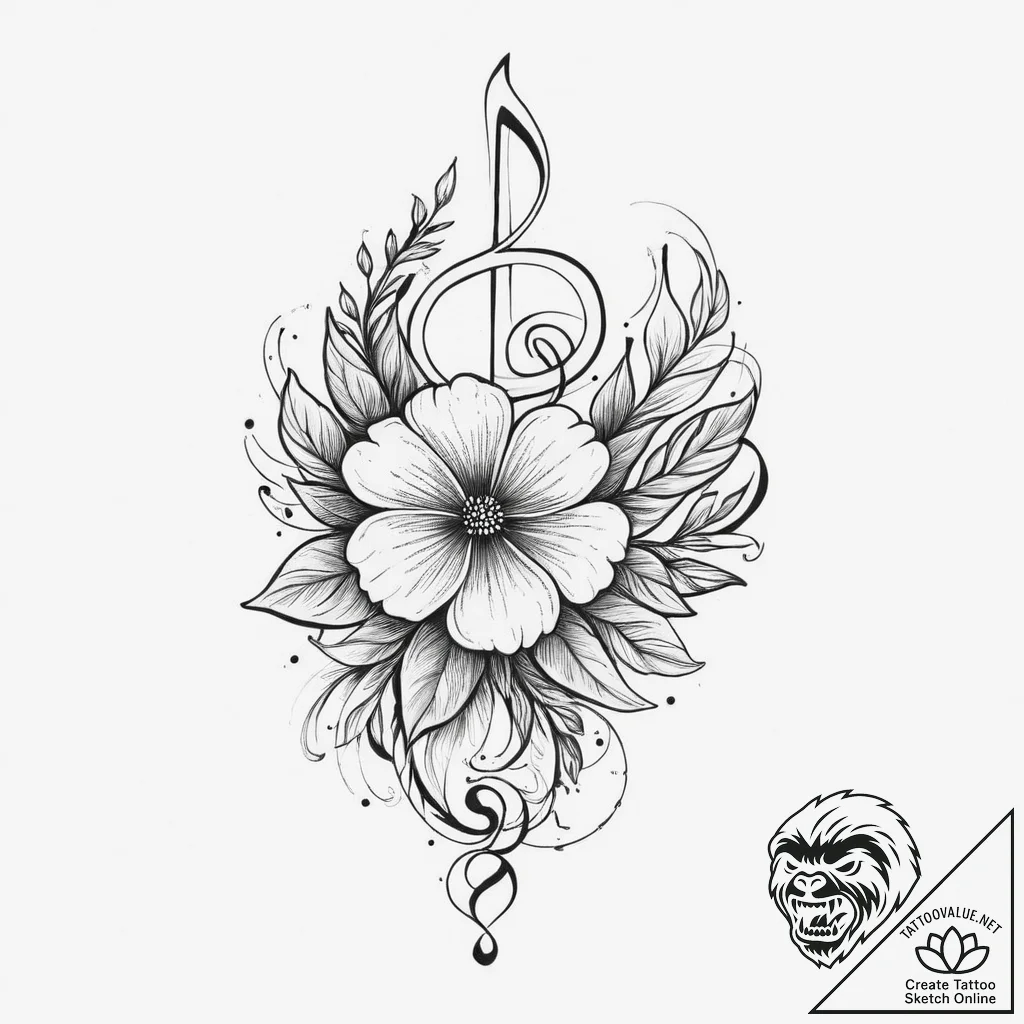 Tattoo sketch a flower whose stem is a musica... - tattoo sketch (№1754100166_0, 02.08.2025 02:02) — tattoovalue.net