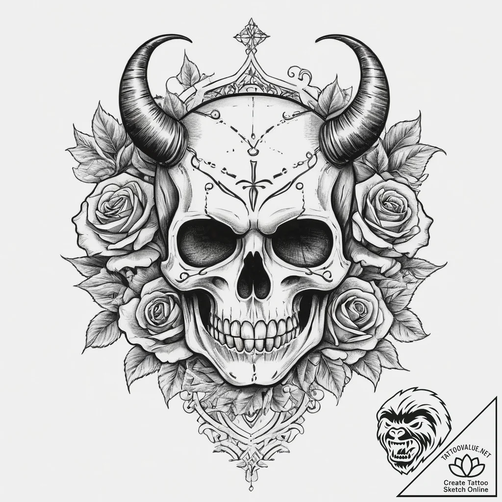Devil, tattoo line art, on a clean white pape... - tattoo sketch (№1754100573_0, 02.08.2025 02:09) — tattoovalue.net