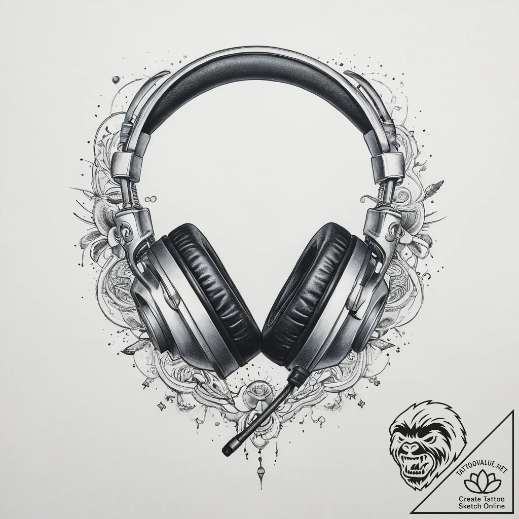 Tattoo design a gaming headset with a microph... - tattoo sketch (№1754101772_0, 02.08.2025 02:29) — tattoovalue.net