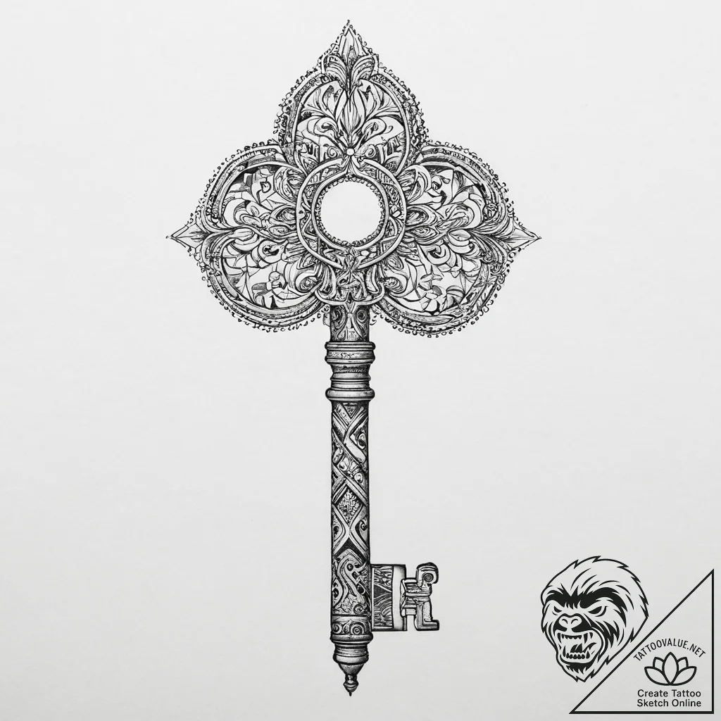 Tattoo sketch a single, ancient key with intr... - tattoo sketch (№1754103947_0, 02.08.2025 03:05) — tattoovalue.net