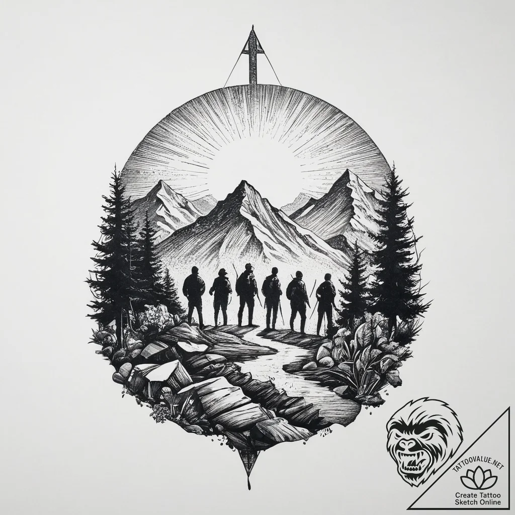 Tattoo sketch a group of adventurers silhouet... - tattoo sketch (№1754104935_0, 02.08.2025 03:22) — tattoovalue.net