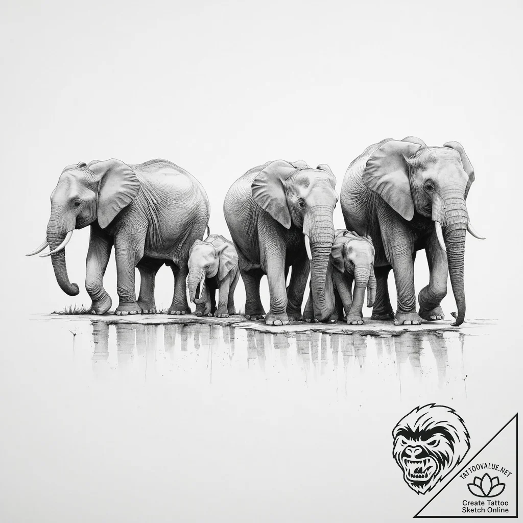 A family of elephants walking in a line towar... - tattoo sketch (№1754106121_0, 02.08.2025 03:42) — tattoovalue.net