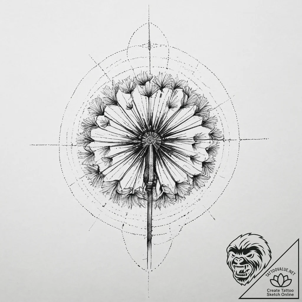 Tattoo design a tiny, ethereal dandelion seed... - tattoo sketch (№1754107497_0, 02.08.2025 04:04) — tattoovalue.net