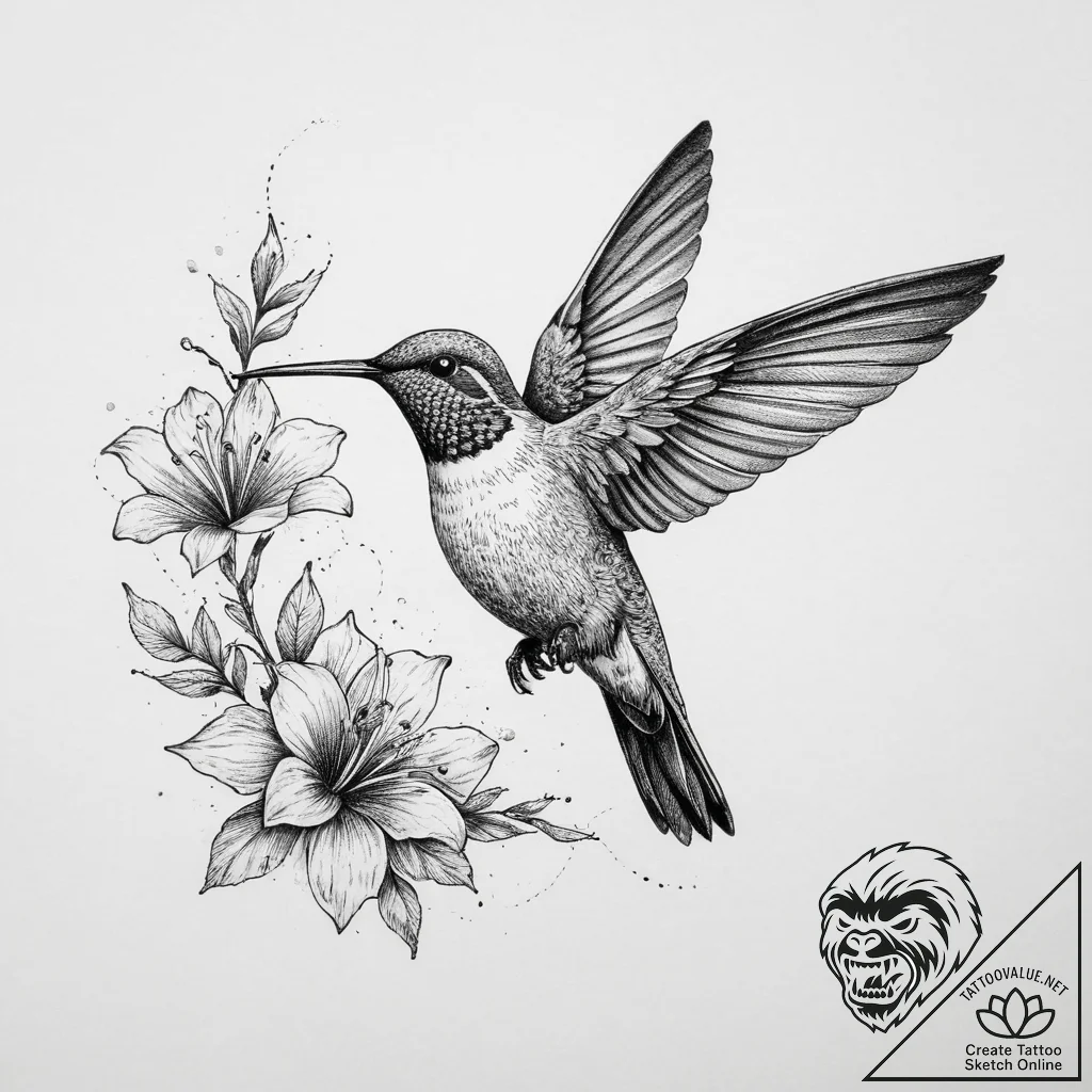 Tattoo design a graceful humming-bird hoverin... - tattoo sketch (№1754107891_0, 02.08.2025 04:11) — tattoovalue.net