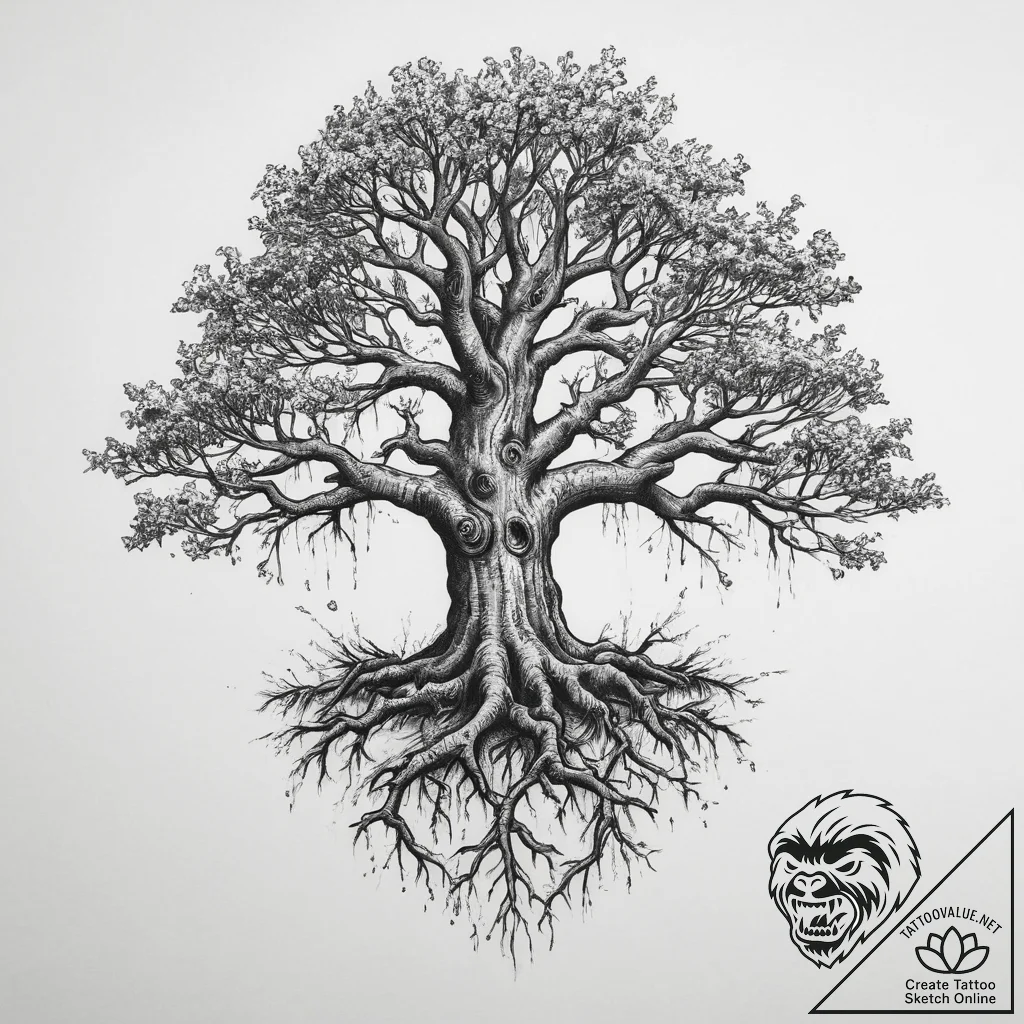 Tattoo design a powerful oak tree, its roots... - tattoo sketch (№1754112637_0, 02.08.2025 05:30) — tattoovalue.net