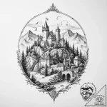 Tattoo design a medieval village with a castl… – tattoo sketch (№1754117971_0, 02.08.2025 06:59) — tattoovalue.net