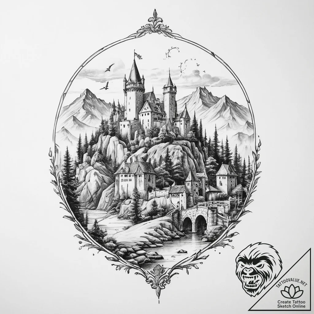 Tattoo design a medieval village with a castl... - tattoo sketch (№1754117971_0, 02.08.2025 06:59) — tattoovalue.net