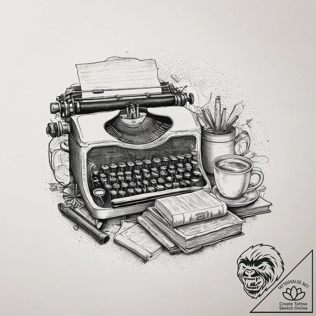 A cozy, messy writer's desk with a vintage ty... - tattoo sketch (№1754119551_0, 02.08.2025 07:25) — tattoovalue.net